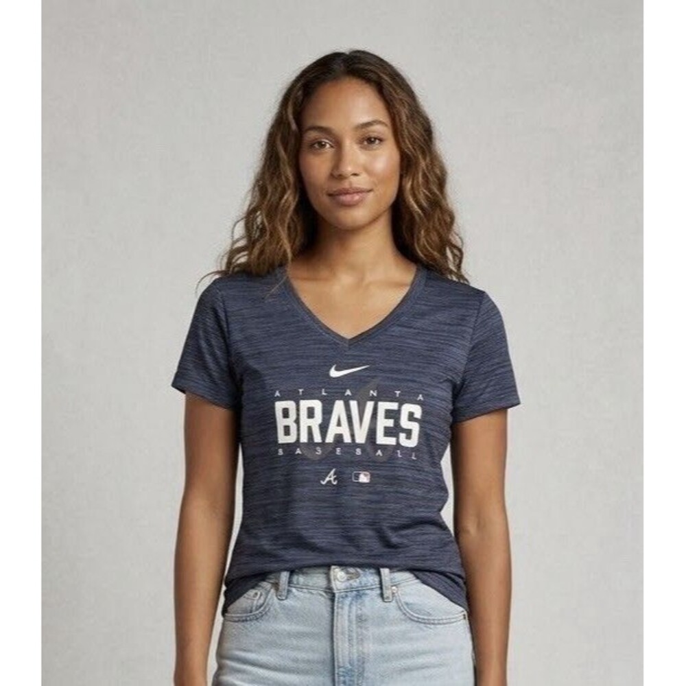 Nike Womens Medium Shirt Atlanta Braves MLB Dri-Fit V-Neck Heather Navy Blue